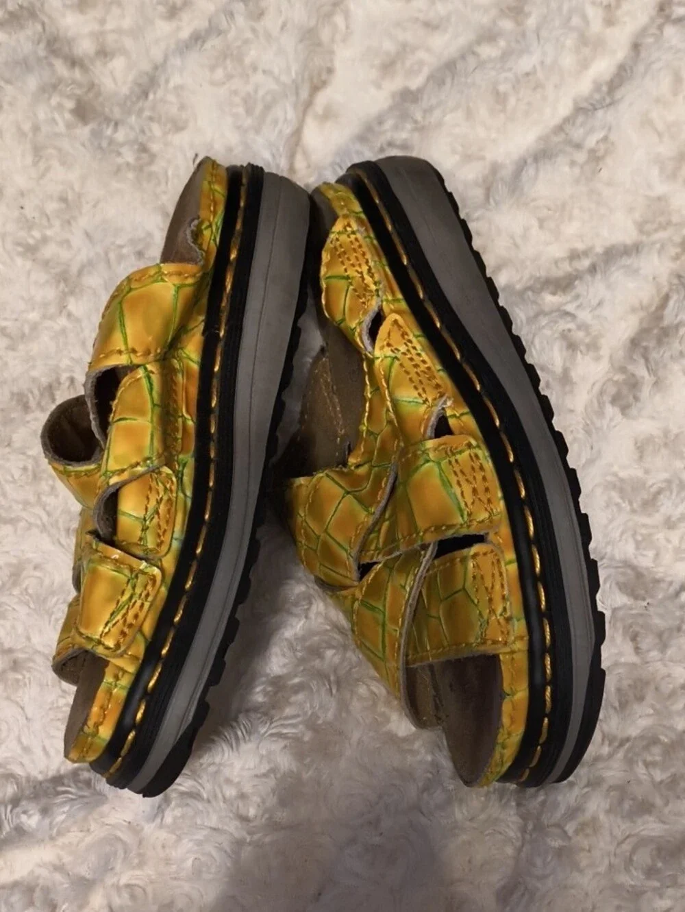 Dr. Martens Kids Yellow Croc-Embossed Crisscross Sandals with Green Accents